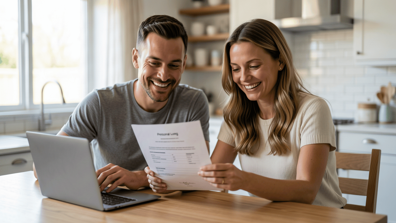Couple reviewing 750 credit score loan documents in Texas