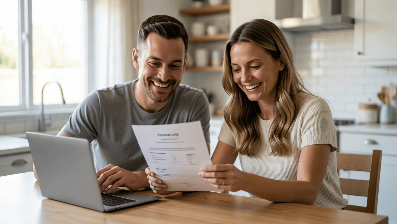 Couple reviewing 750 credit score loan documents in Texas