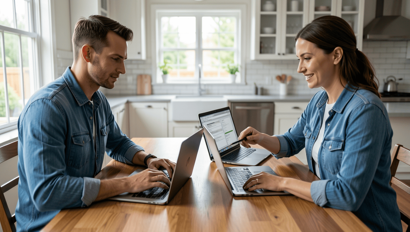 Couple reviewing basement waterproofing financing options in Texas