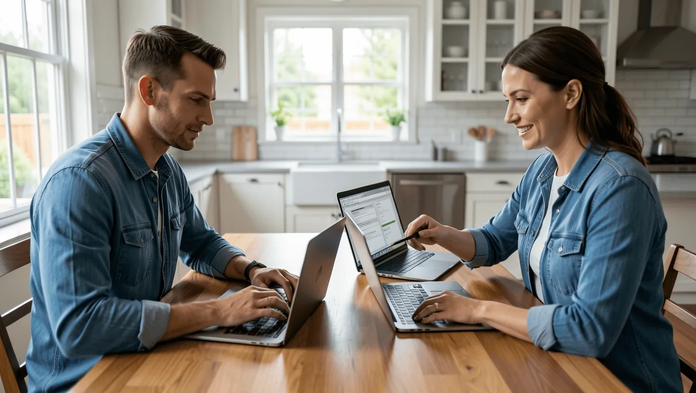 Couple reviewing basement waterproofing financing options in Texas