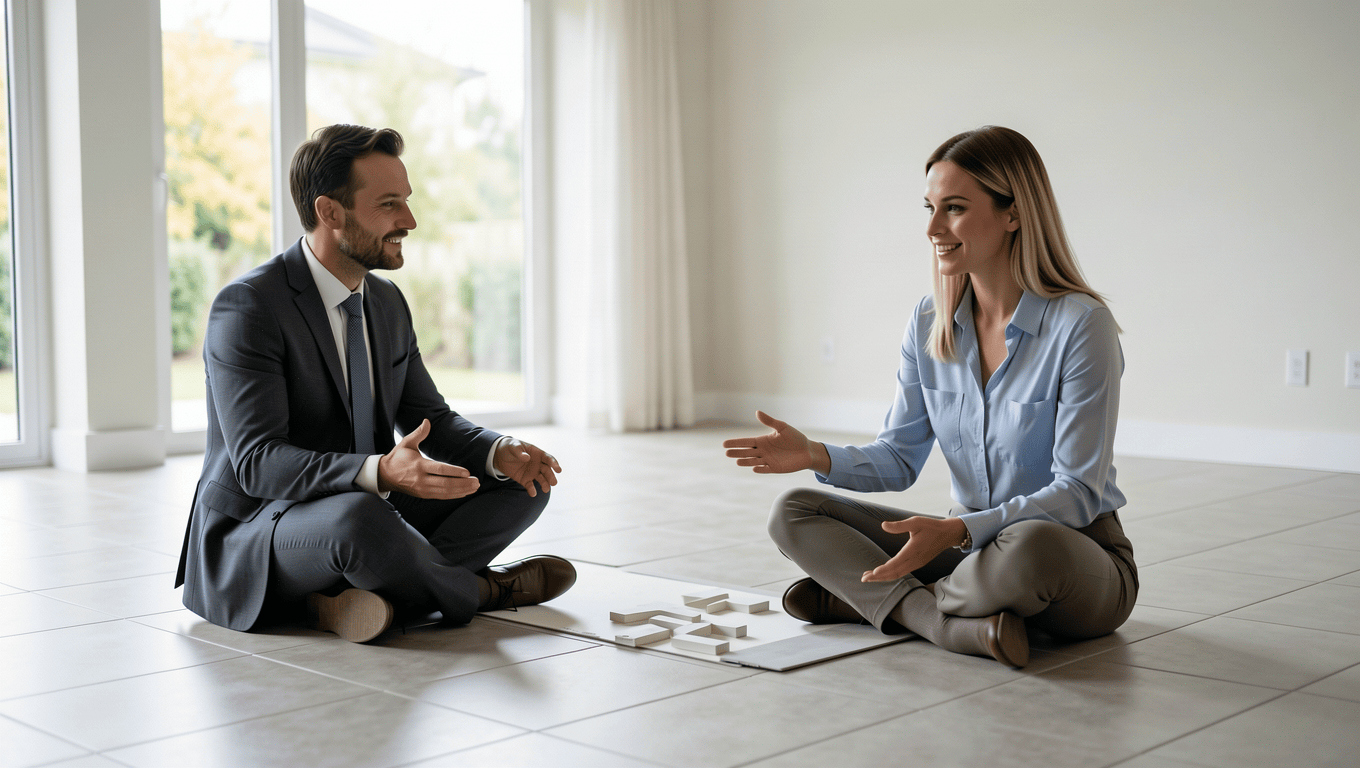 Financial advisor helping a woman secure a Texas loan for new floors.