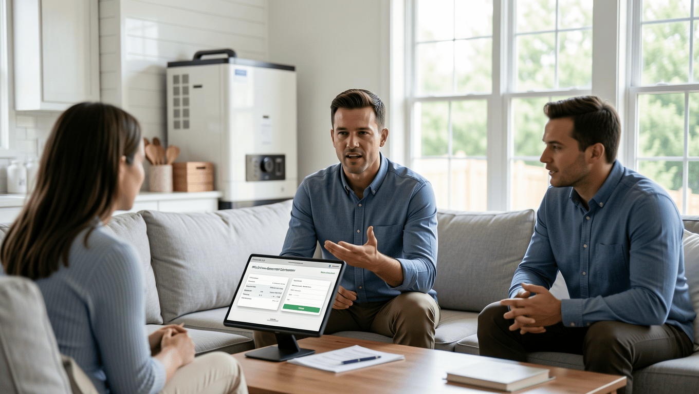 Homeowner getting advice on generator financing in Texas.