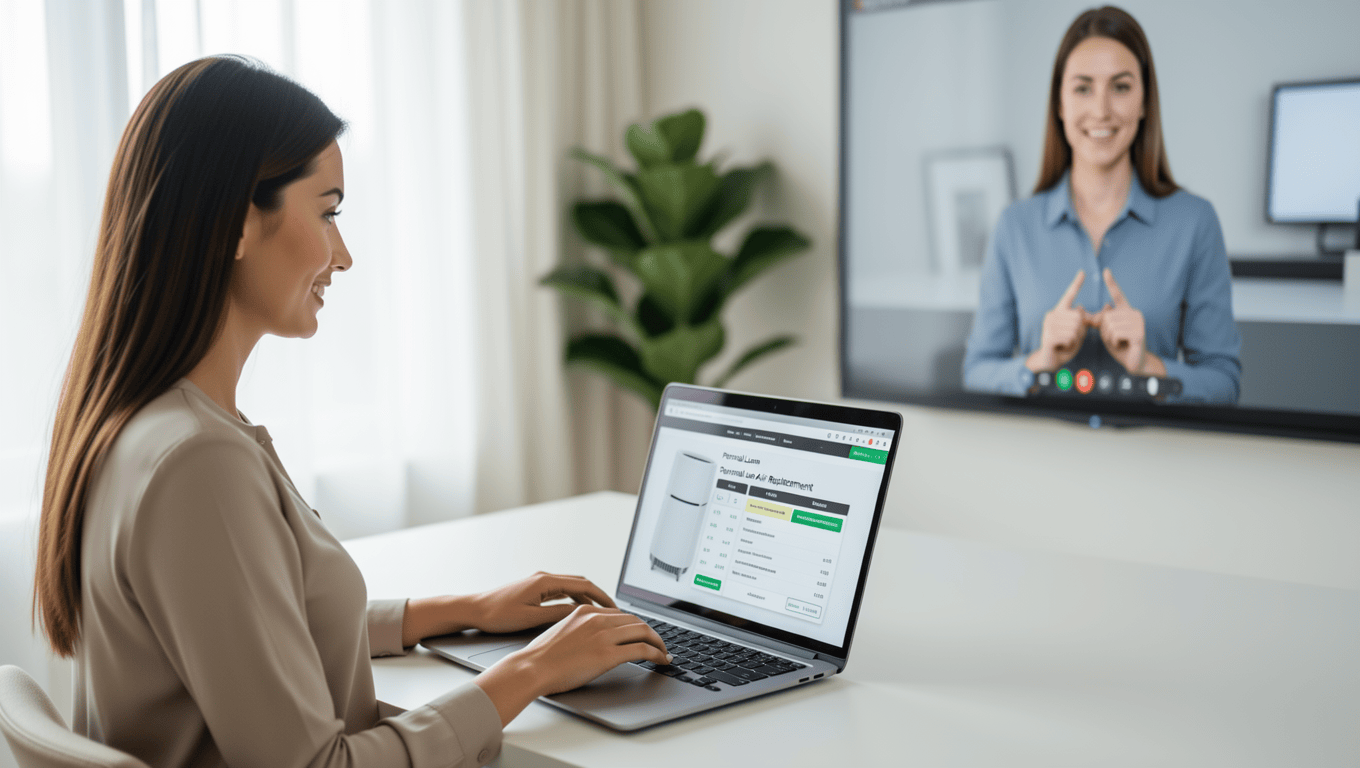 Woman researching ac financing options in Texas with an advisor