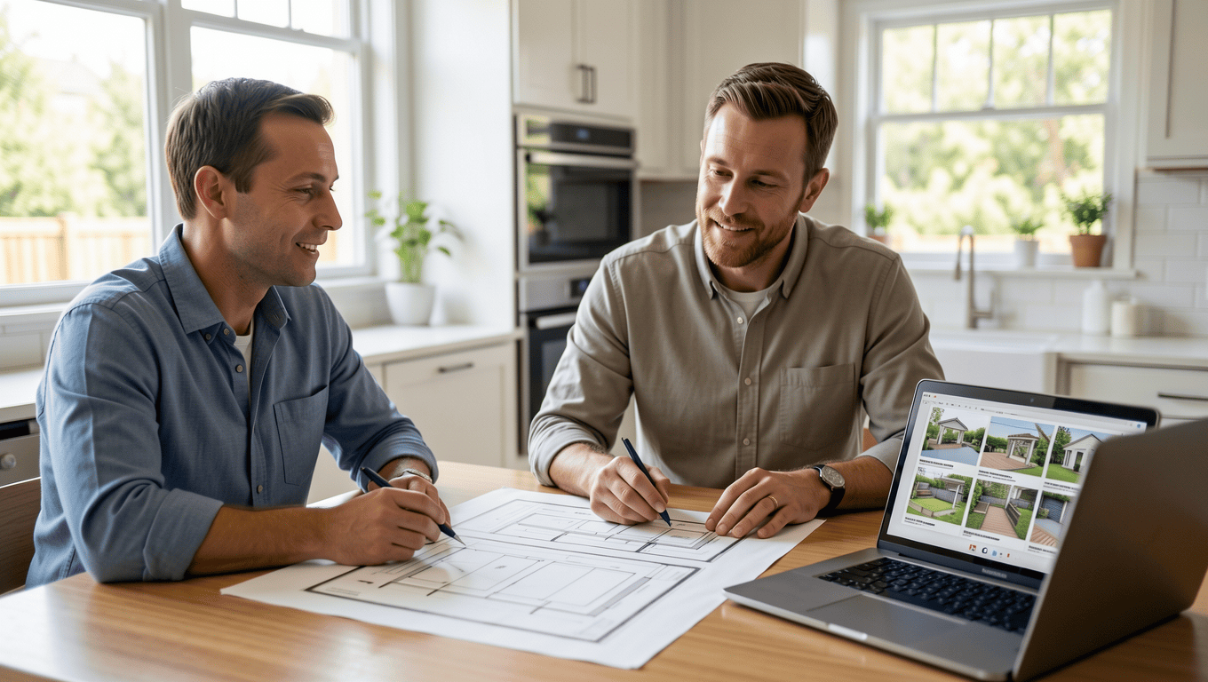 Couple planning patio financing in Texas with loan documents.