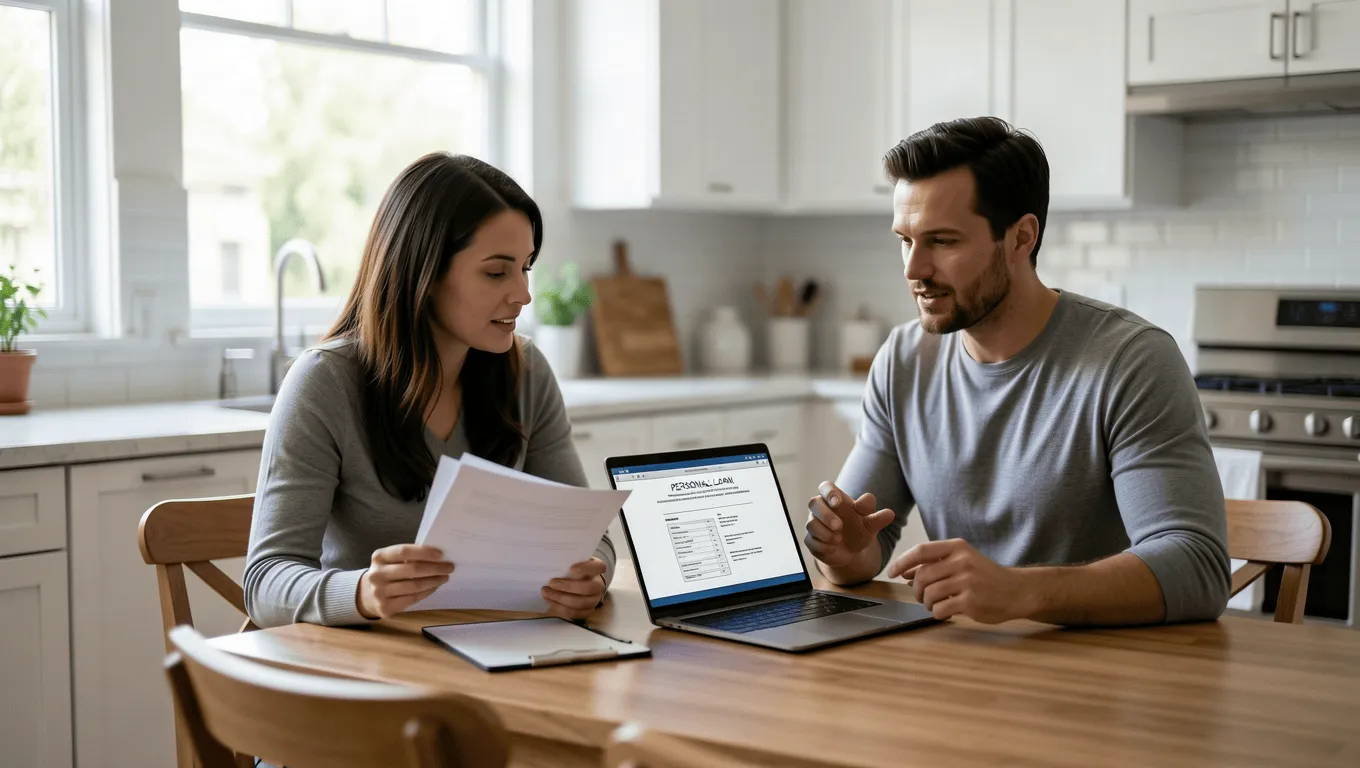 Texas couple reviewing plumbing financing options online.