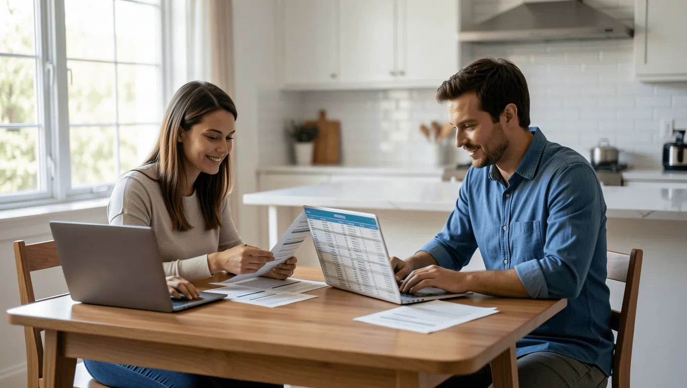 Couple discussing Texas pool financing options with a laptop.