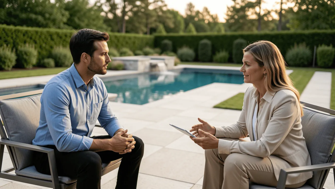 Homeowner planning Texas pool construction budget with an advisor.