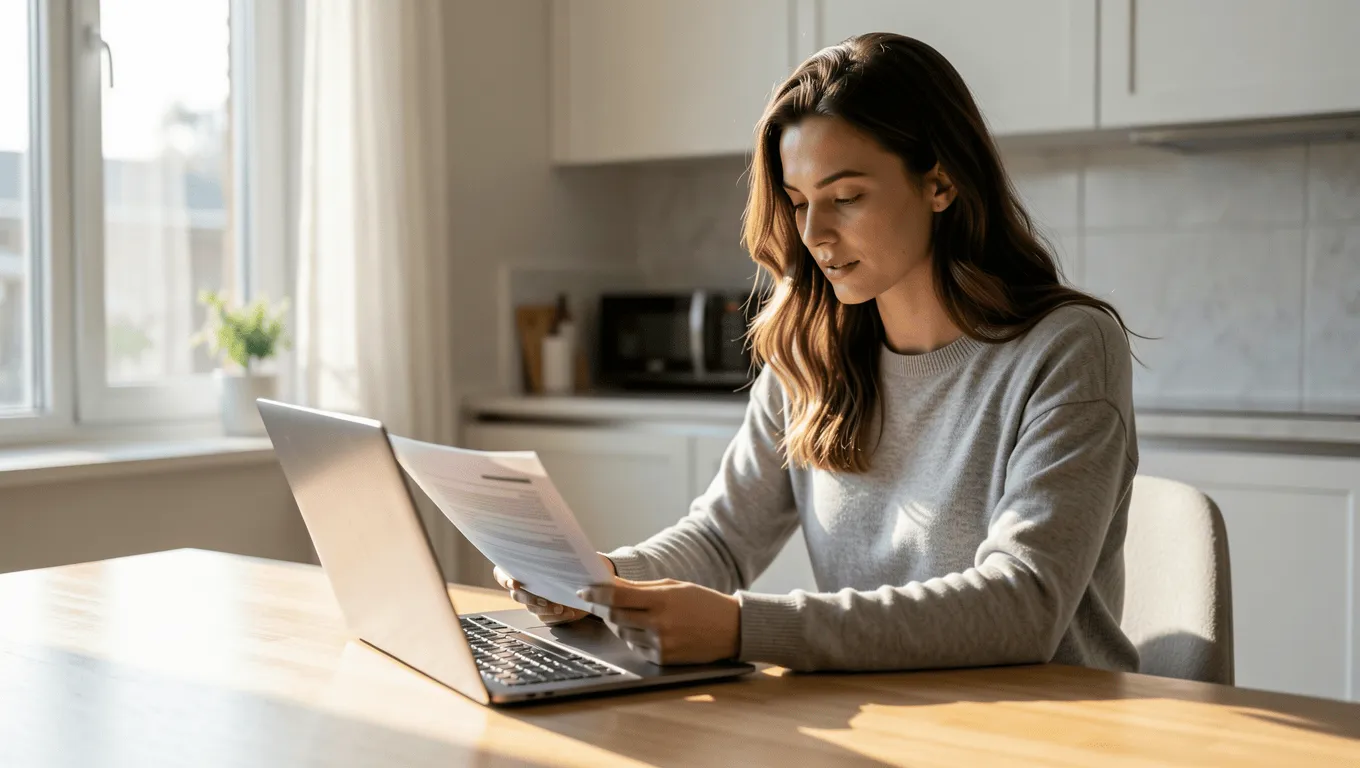 Woman reviewing $1000 loan approval documents online in Texas.