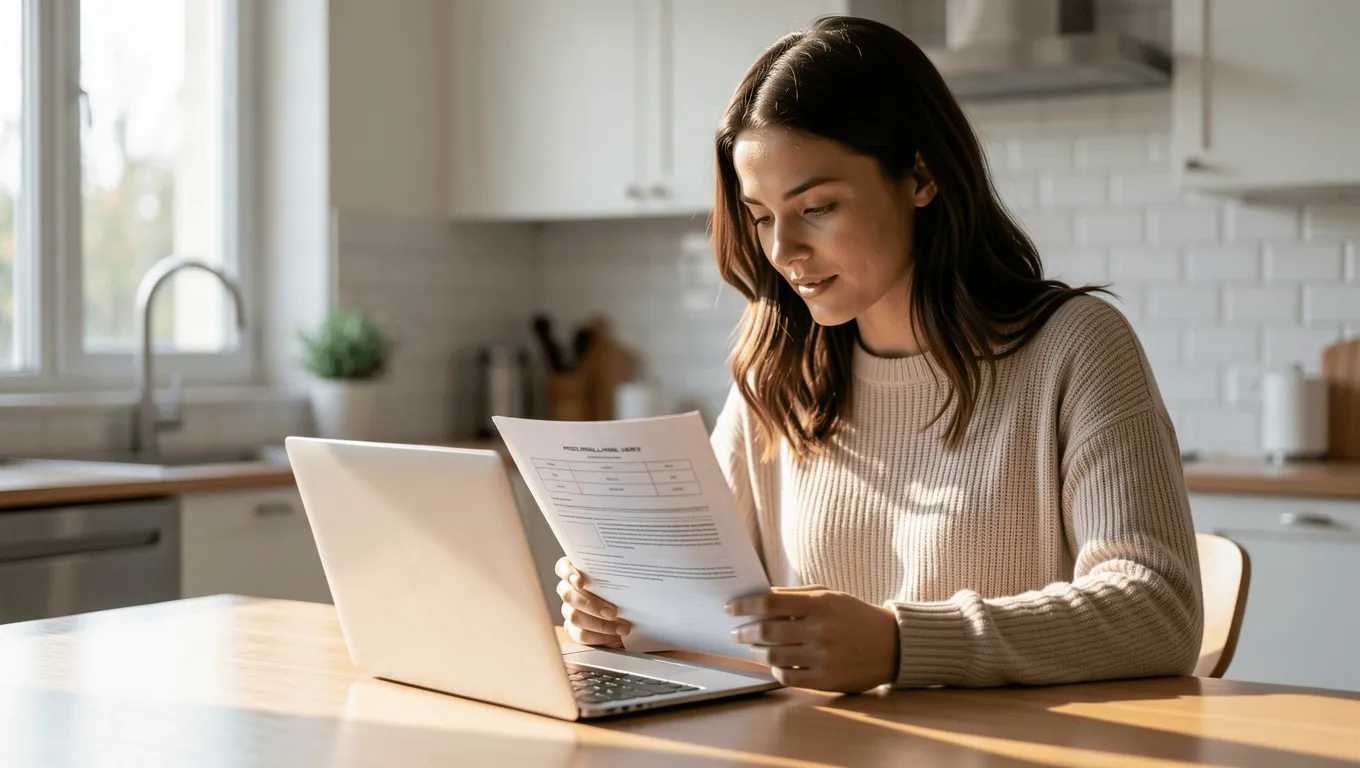 Woman reviewing $1500 loan documents online.
