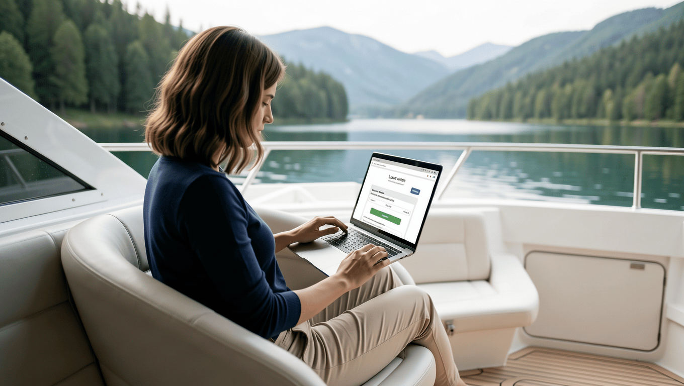 Man researching boat financing options online from his new boat.