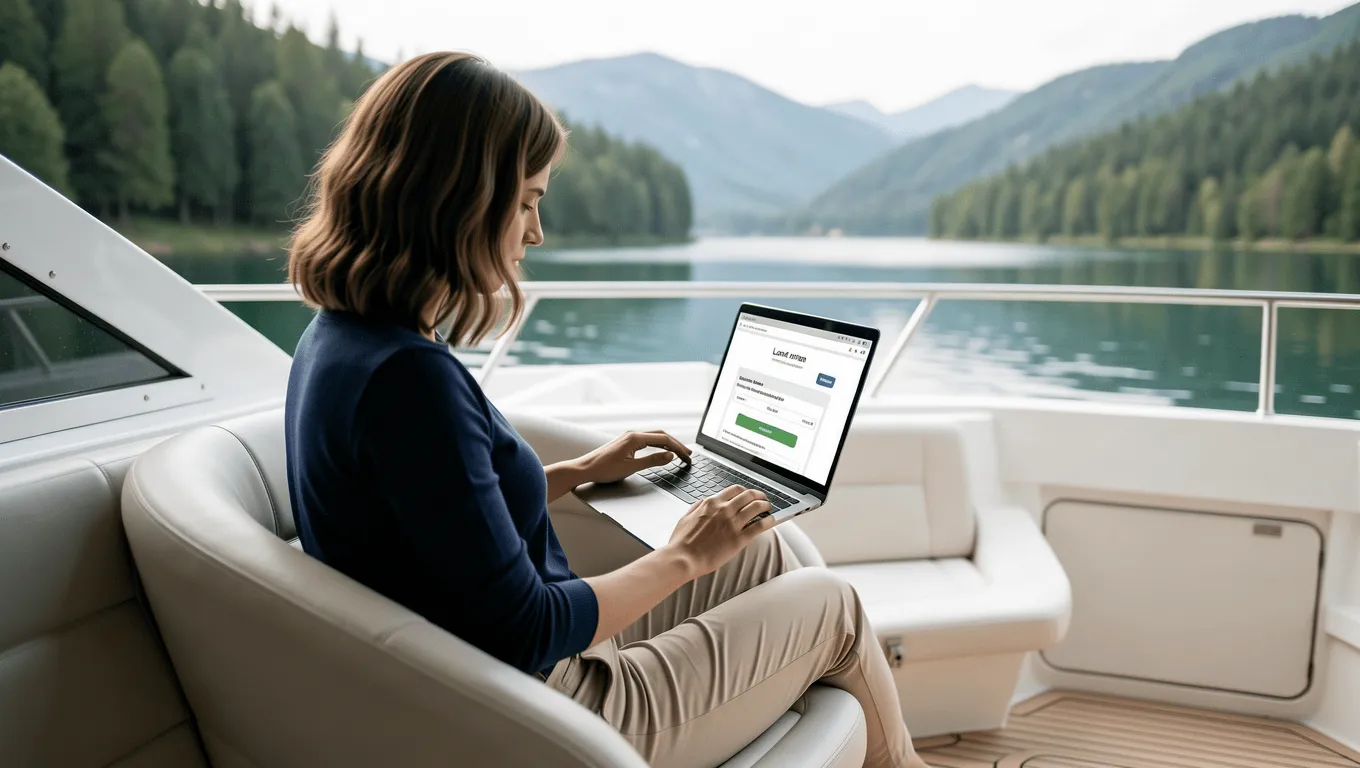 Man researching boat financing options online from his new boat.