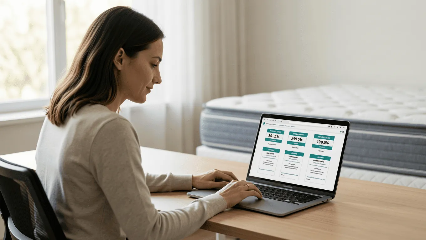 woman comparing mattress financing options online in Texas