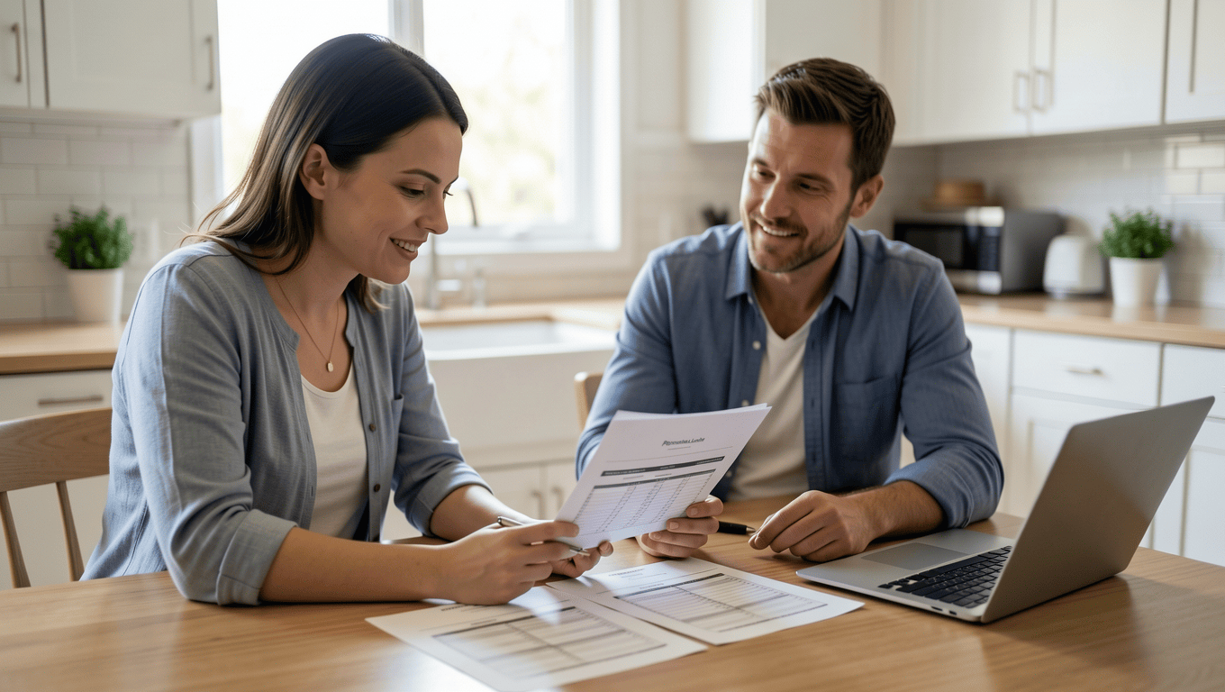 Couple discussing moving loans in Texas and reviewing financial documents.