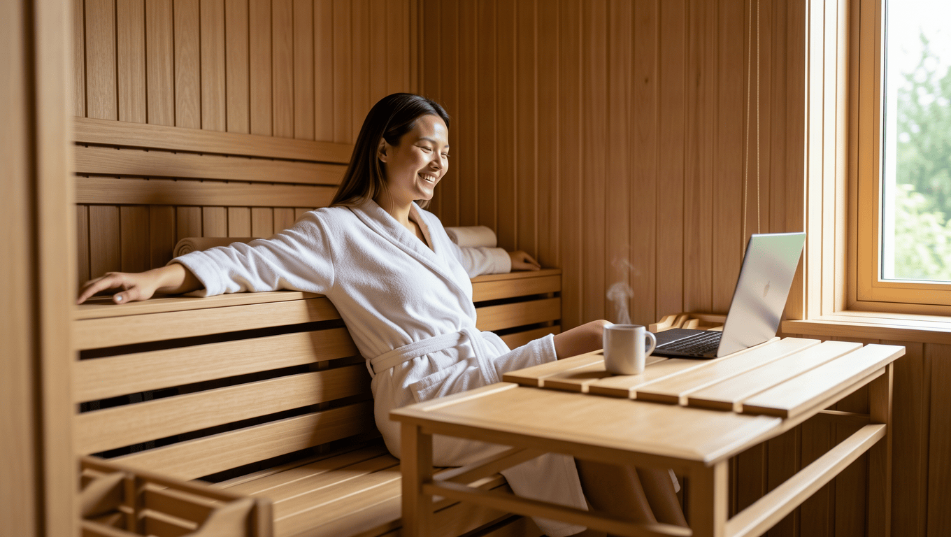 Woman enjoying her new sauna after getting financing.