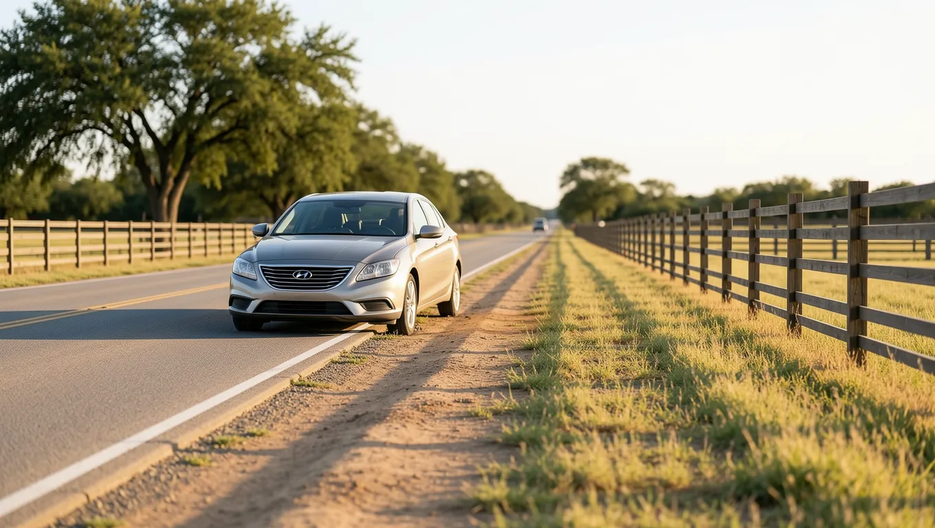 Car pulled over on a Texas ranch road suggesting unexpected expenses