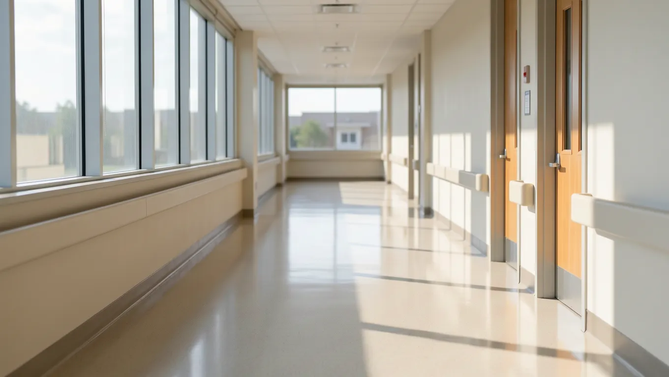 A quiet modern hospital corridor with natural lighting