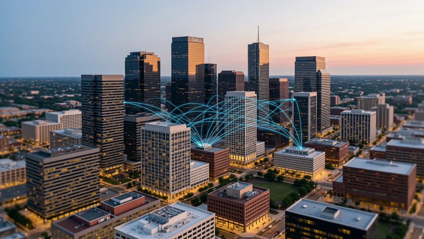 Aerial view of a Texas city skyline showing digital economic connections