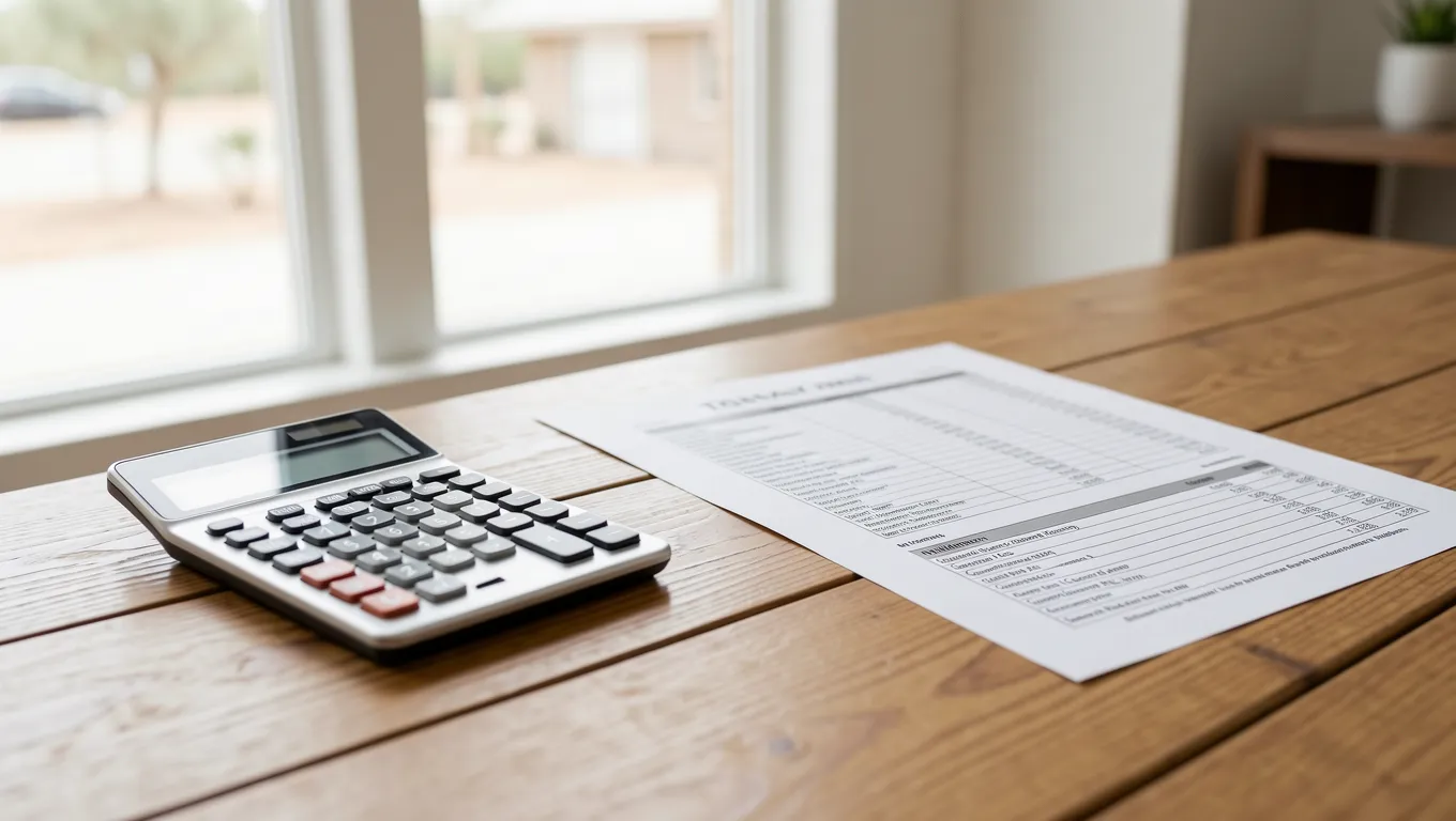 Financial documents and a calculator on a desk in a bright room