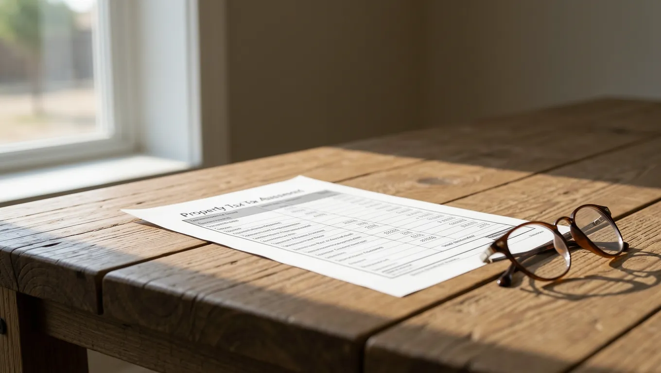 Property tax assessment notice on a wooden table near a window