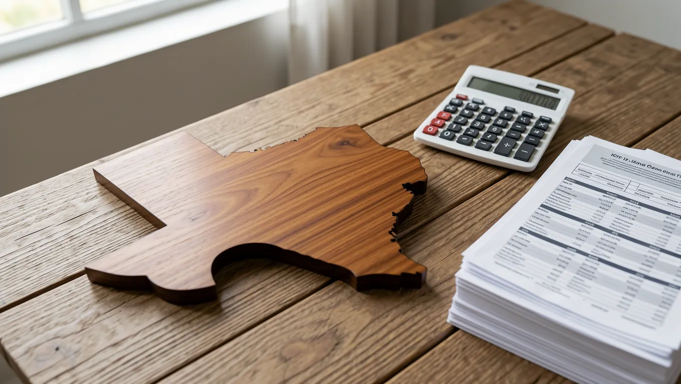 Texas tax savings tools including a wooden map and calculator