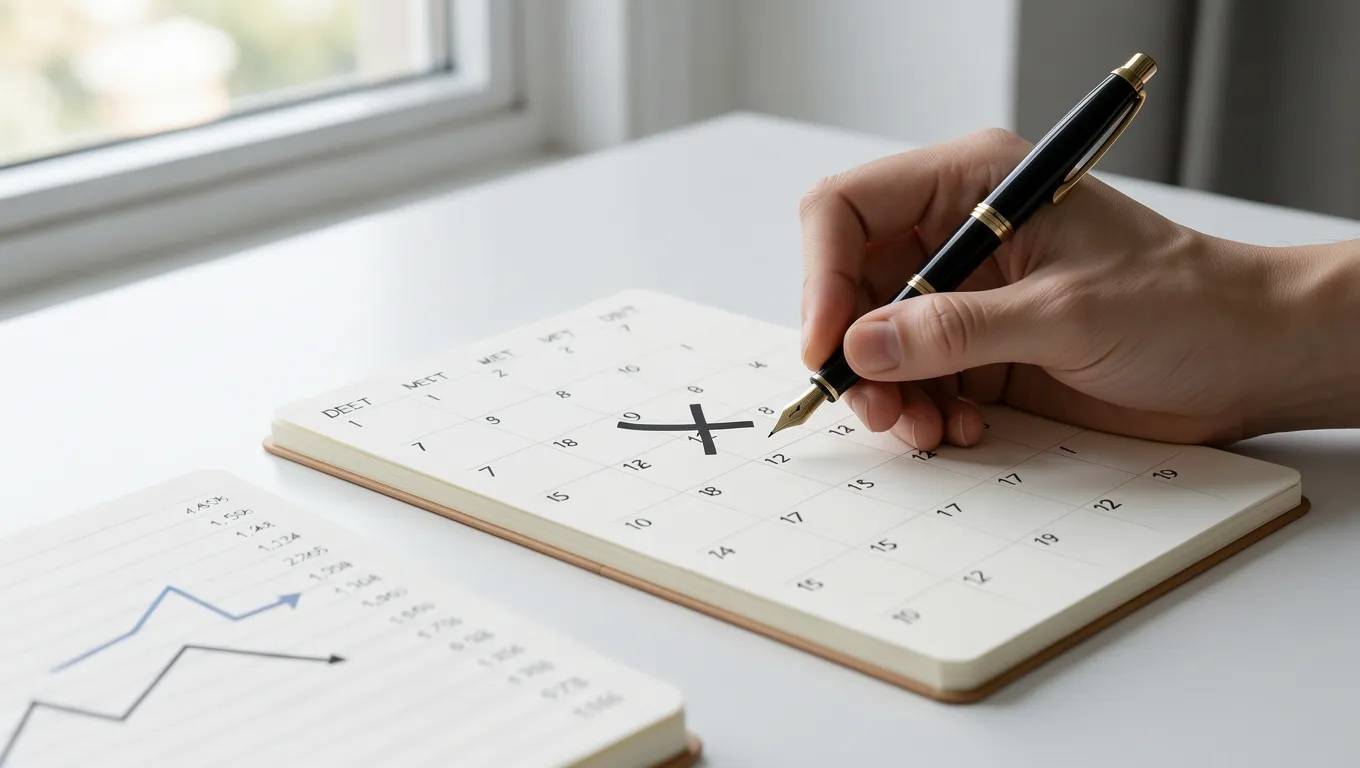 Person tracking debt repayment progress on a calendar