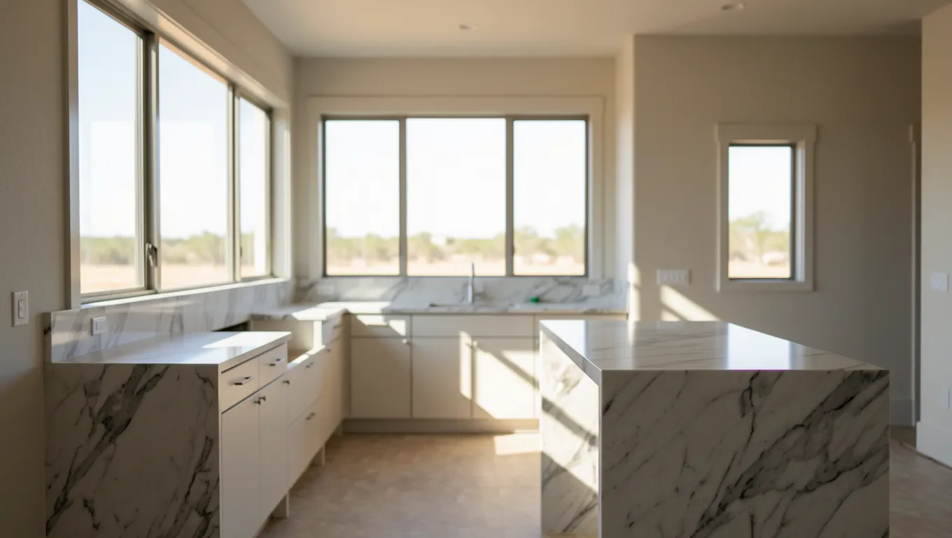 A bright modern kitchen undergoing renovations with marble surfaces