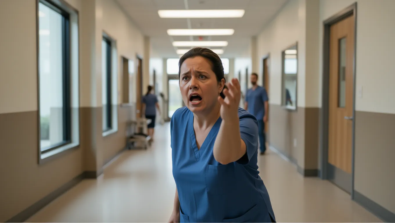 A person walking through a modern vet clinic hallway during an emergency