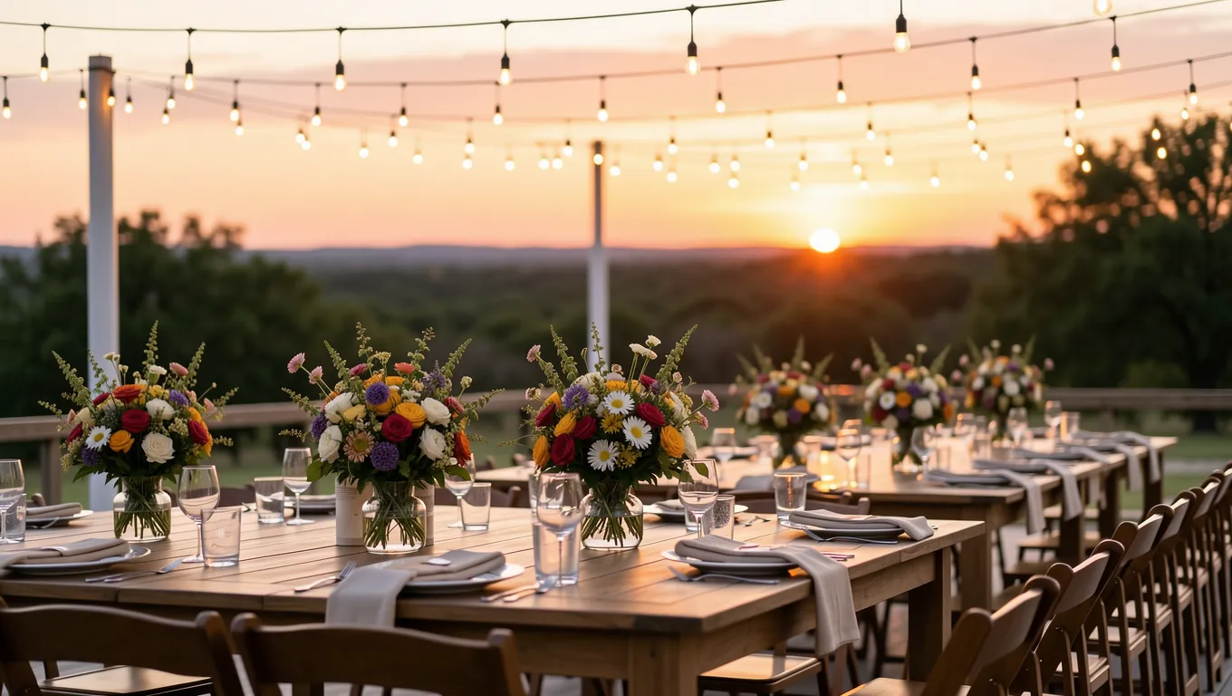 Elegant outdoor Texas wedding reception with wildflowers and string lights