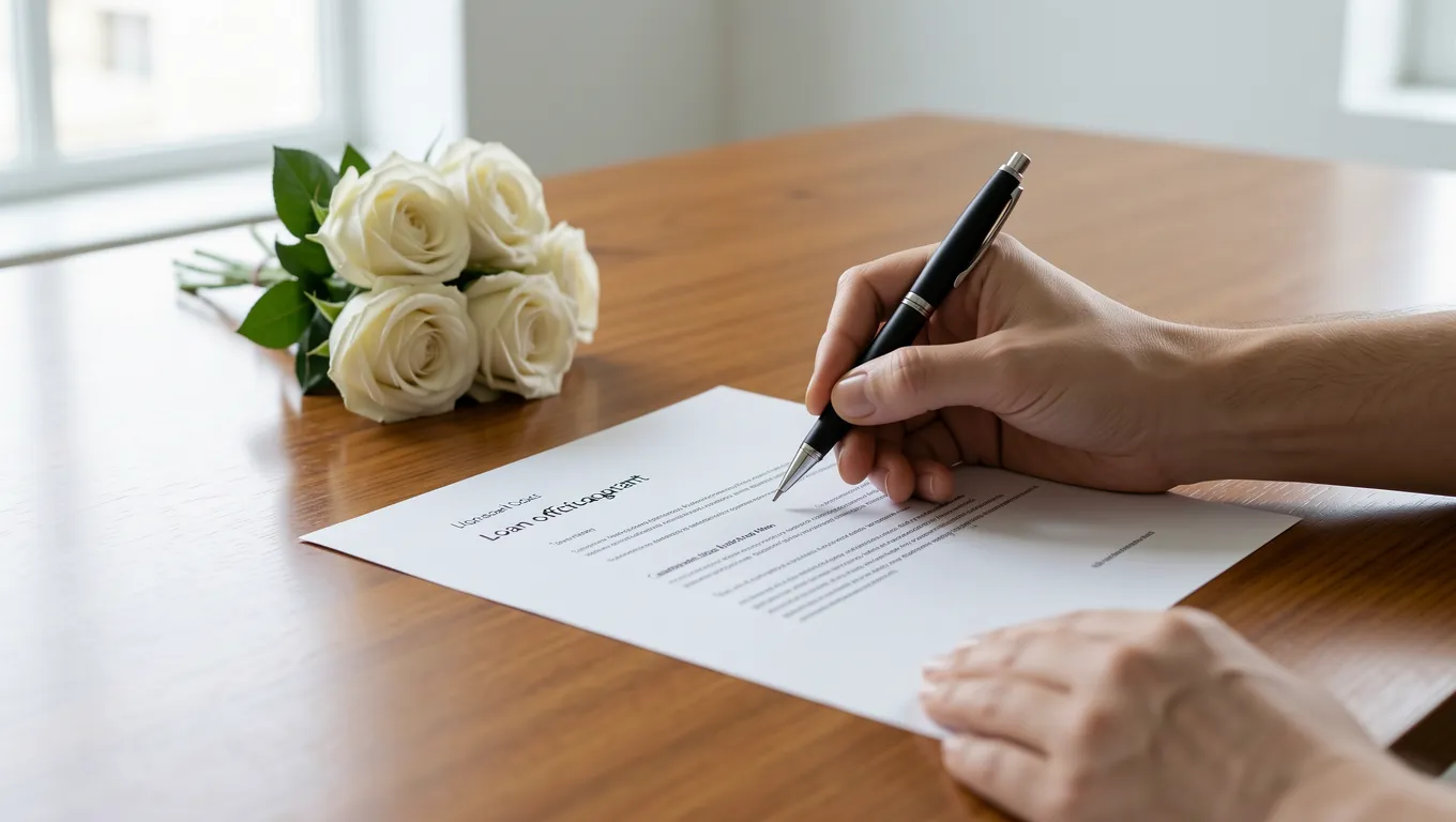 Hand signing a personal loan agreement for wedding expenses