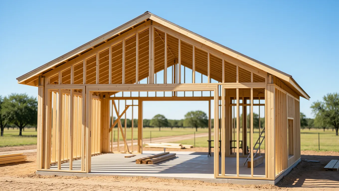 Modern farmhouse under construction in the Texas Hill Country