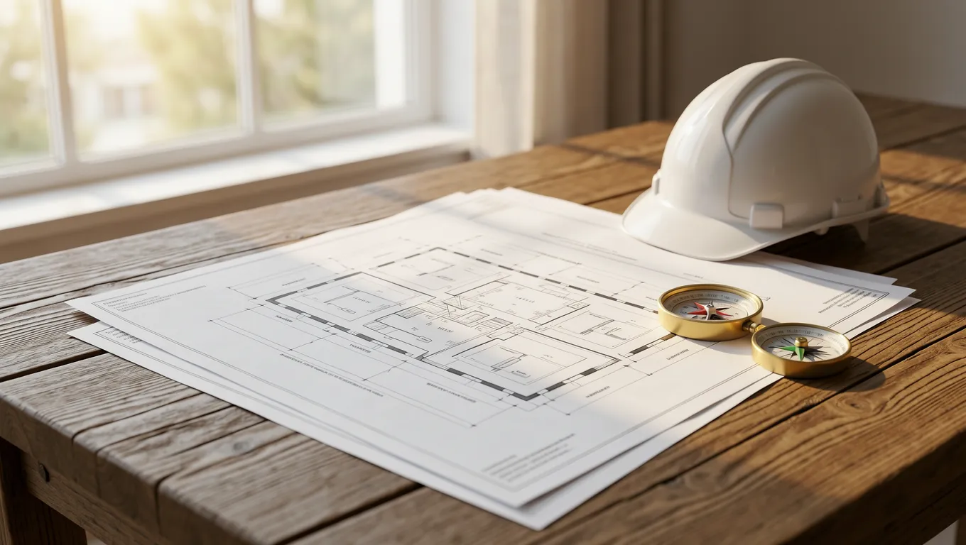 Architectural blueprints on a wooden table with construction tools
