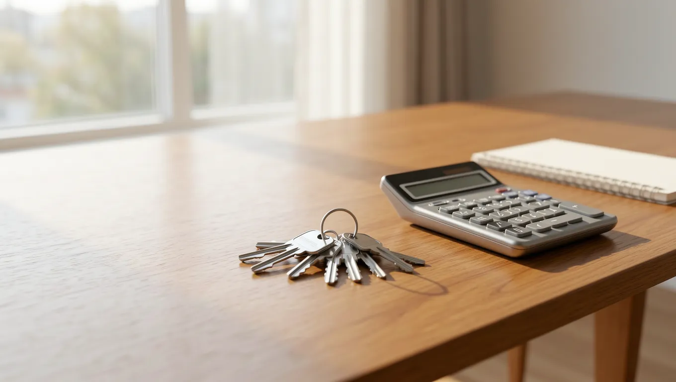 House keys and a calculator on a sunlit wooden table representing financial planning