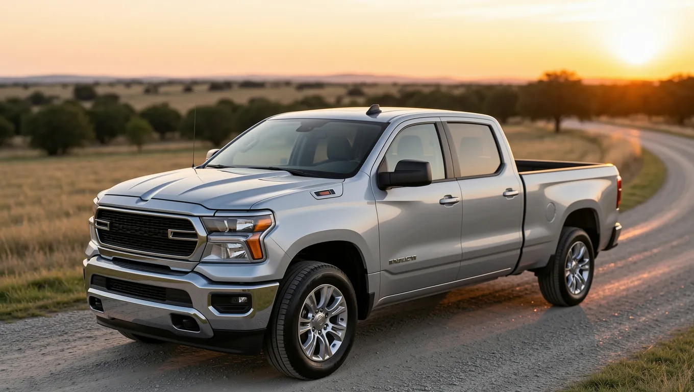 Silver pickup truck on a Texas ranch road at sunset